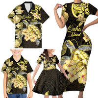 Personalised Aloha Hawaii Oahu Island Family Matching Short Sleeve Bodycon Dress and Hawaiian Shirt Gathering Place Sea Turtle Ilima Flowers