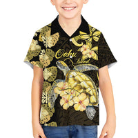 Personalised Aloha Hawaii Oahu Island Family Matching Short Sleeve Bodycon Dress and Hawaiian Shirt Gathering Place Sea Turtle Ilima Flowers