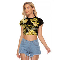 Personalised Aloha Hawaii Oahu Island Raglan Cropped T Shirt Gathering Place Sea Turtle Ilima Flowers