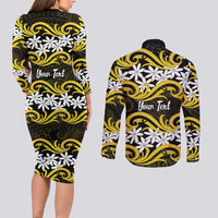 Personalised Cook Islands Aitutaki Couples Matching Long Sleeve Bodycon Dress and Long Sleeve Button Shirt Tiare Maori Polynesian Waves Tattoo LT14 - Polynesian Pride