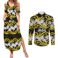 Personalised Cook Islands Aitutaki Couples Matching Summer Maxi Dress and Long Sleeve Button Shirt Tiare Maori Polynesian Waves Tattoo LT14 Yellow - Polynesian Pride