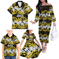 Personalised Cook Islands Aitutaki Family Matching Off The Shoulder Long Sleeve Dress and Hawaiian Shirt Tiare Maori Polynesian Waves Tattoo LT14 - Polynesian Pride