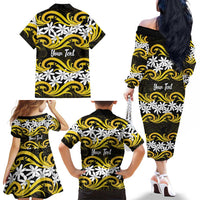 Personalised Cook Islands Aitutaki Family Matching Off The Shoulder Long Sleeve Dress and Hawaiian Shirt Tiare Maori Polynesian Waves Tattoo LT14 - Polynesian Pride