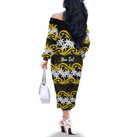 Personalised Cook Islands Aitutaki Family Matching Off The Shoulder Long Sleeve Dress and Hawaiian Shirt Tiare Maori Polynesian Waves Tattoo LT14 - Polynesian Pride