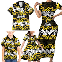 Personalised Cook Islands Aitutaki Family Matching Short Sleeve Bodycon Dress and Hawaiian Shirt Tiare Maori Polynesian Waves Tattoo LT14 - Polynesian Pride