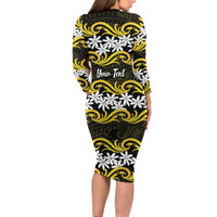 Personalised Cook Islands Aitutaki Long Sleeve Bodycon Dress Tiare Maori Polynesian Waves Tattoo LT14 - Polynesian Pride