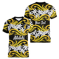 Personalised Cook Islands Aitutaki Women V-Neck T-Shirt Tiare Maori Polynesian Waves Tattoo LT14 - Polynesian Pride