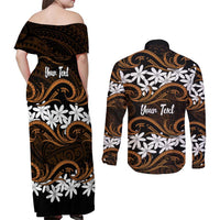 Personalised Cook Islands Rakahanga Couples Matching Off Shoulder Maxi Dress and Long Sleeve Button Shirt Tiare Maori Polynesian Waves Tattoo LT14 - Polynesian Pride
