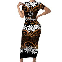 Personalised Cook Islands Rakahanga Family Matching Short Sleeve Bodycon Dress and Hawaiian Shirt Tiare Maori Polynesian Waves Tattoo LT14 Mom's Dress Orange - Polynesian Pride