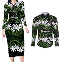 Personalised Cook Islands Palmerston Couples Matching Long Sleeve Bodycon Dress and Long Sleeve Button Shirt Tiare Maori Polynesian Waves Tattoo LT14 Green - Polynesian Pride