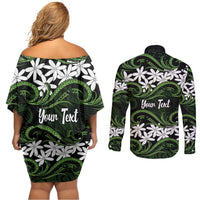 Personalised Cook Islands Palmerston Couples Matching Off Shoulder Short Dress and Long Sleeve Button Shirt Tiare Maori Polynesian Waves Tattoo LT14 - Polynesian Pride