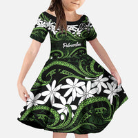 Personalised Cook Islands Palmerston Family Matching Long Sleeve Bodycon Dress and Hawaiian Shirt Tiare Maori Polynesian Waves Tattoo LT14 Daughter's Dress Green - Polynesian Pride