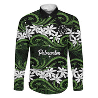 Personalised Cook Islands Palmerston Family Matching Off The Shoulder Long Sleeve Dress and Hawaiian Shirt Tiare Maori Polynesian Waves Tattoo LT14 Dad's Shirt - Long Sleeve Green - Polynesian Pride