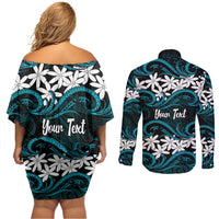 Personalised Cook Islands Penrhyn Atoll Couples Matching Off Shoulder Short Dress and Long Sleeve Button Shirt Tiare Maori Polynesian Waves Tattoo LT14 - Polynesian Pride