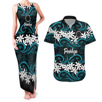 Personalised Cook Islands Penrhyn Atoll Couples Matching Tank Maxi Dress and Hawaiian Shirt Tiare Maori Polynesian Waves Tattoo