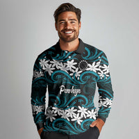 Personalised Cook Islands Penrhyn Atoll Long Sleeve Polo Shirt Tiare Maori Polynesian Waves Tattoo LT14 - Polynesian Pride