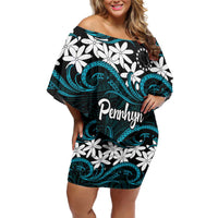 Personalised Cook Islands Penrhyn Atoll Off Shoulder Short Dress Tiare Maori Polynesian Waves Tattoo LT14 Women Blue - Polynesian Pride