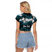 Personalised Cook Islands Penrhyn Atoll Raglan Cropped T Shirt Tiare Maori Polynesian Waves Tattoo LT14 - Polynesian Pride