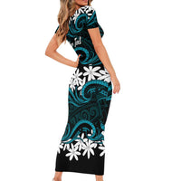 Personalised Cook Islands Penrhyn Atoll Short Sleeve Bodycon Dress Tiare Maori Polynesian Waves Tattoo LT14 - Polynesian Pride
