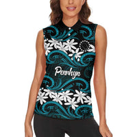 Personalised Cook Islands Penrhyn Atoll Women Sleeveless Polo Shirt Tiare Maori Polynesian Waves Tattoo