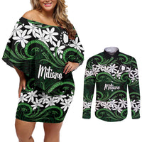 Personalised Cook Islands Mitiaro Couples Matching Off Shoulder Short Dress and Long Sleeve Button Shirt Tiare Maori Polynesian Waves Tattoo LT14 Green - Polynesian Pride