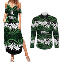 Personalised Cook Islands Mitiaro Couples Matching Summer Maxi Dress and Long Sleeve Button Shirt Tiare Maori Polynesian Waves Tattoo LT14 Green - Polynesian Pride