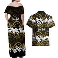 Personalised Cook Islands Manihiki Couples Matching Off Shoulder Maxi Dress and Hawaiian Shirt Tiare Maori Polynesian Waves Tattoo LT14 - Polynesian Pride