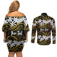 Personalised Cook Islands Manihiki Couples Matching Off Shoulder Short Dress and Long Sleeve Button Shirt Tiare Maori Polynesian Waves Tattoo LT14 - Polynesian Pride