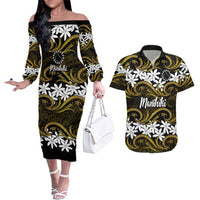 Personalised Cook Islands Manihiki Couples Matching Off The Shoulder Long Sleeve Dress and Hawaiian Shirt Tiare Maori Polynesian Waves Tattoo