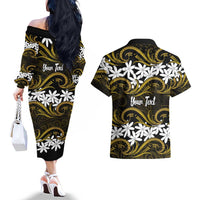 Personalised Cook Islands Manihiki Couples Matching Off The Shoulder Long Sleeve Dress and Hawaiian Shirt Tiare Maori Polynesian Waves Tattoo