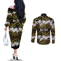 Personalised Cook Islands Manihiki Couples Matching Off The Shoulder Long Sleeve Dress and Long Sleeve Button Shirt Tiare Maori Polynesian Waves Tattoo LT14 - Polynesian Pride