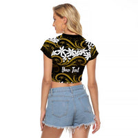 Personalised Cook Islands Manihiki Raglan Cropped T Shirt Tiare Maori Polynesian Waves Tattoo