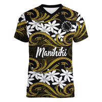 Personalised Cook Islands Manihiki Women V-Neck T-Shirt Tiare Maori Polynesian Waves Tattoo LT14 Female Gold - Polynesian Pride