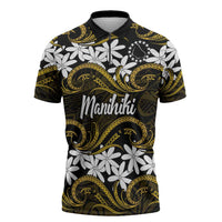 Personalised Cook Islands Manihiki Zipper Polo Shirt Tiare Maori Polynesian Waves Tattoo LT14 Gold - Polynesian Pride