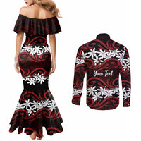 Personalised Cook Islands Atiu Enuamanu Couples Matching Mermaid Dress and Long Sleeve Button Shirt Tiare Maori Polynesian Waves Tattoo