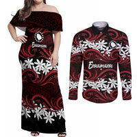 Personalised Cook Islands Atiu Enuamanu Couples Matching Off Shoulder Maxi Dress and Long Sleeve Button Shirt Tiare Maori Polynesian Waves Tattoo LT14 Red - Polynesian Pride