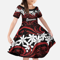 Personalised Cook Islands Atiu Enuamanu Family Matching Off Shoulder Short Dress and Hawaiian Shirt Tiare Maori Polynesian Waves Tattoo LT14 Daughter's Dress Red - Polynesian Pride