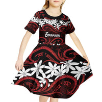 Personalised Cook Islands Atiu Enuamanu Kid Short Sleeve Dress Tiare Maori Polynesian Waves Tattoo LT14 - Polynesian Pride
