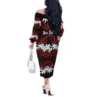 Personalised Cook Islands Atiu Enuamanu Off The Shoulder Long Sleeve Dress Tiare Maori Polynesian Waves Tattoo LT14 - Polynesian Pride