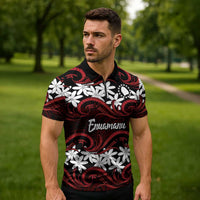 Personalised Cook Islands Atiu Enuamanu Zipper Polo Shirt Tiare Maori Polynesian Waves Tattoo LT14 - Polynesian Pride