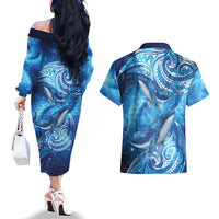 New Zealand Humpback Whale Matariki Couples Matching Off The Shoulder Long Sleeve Dress and Hawaiian Shirt Maori New Year Taniko Niho Taniwha LT14 - Polynesian Pride