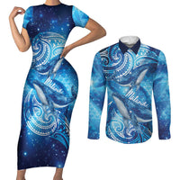 New Zealand Humpback Whale Matariki Couples Matching Short Sleeve Bodycon Dress and Long Sleeve Button Shirt Maori New Year Taniko Niho Taniwha