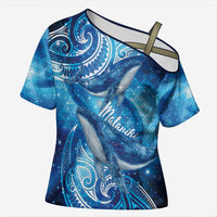 New Zealand Humpback Whale Matariki Cross Shoulder Shirt Maori New Year Taniko Niho Taniwha LT14 Female Blue - Polynesian Pride