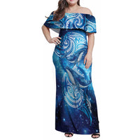 New Zealand Humpback Whale Matariki Family Matching Off Shoulder Maxi Dress and Hawaiian Shirt Maori New Year Taniko Niho Taniwha LT14 Mom's Dress Blue - Polynesian Pride