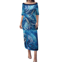 New Zealand Humpback Whale Matariki Family Matching Puletasi and Hawaiian Shirt Maori New Year Taniko Niho Taniwha LT14 Mom's Dress Blue - Polynesian Pride