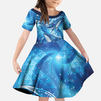 New Zealand Humpback Whale Matariki Family Matching Short Sleeve Bodycon Dress and Hawaiian Shirt Maori New Year Taniko Niho Taniwha LT14 Daughter's Dress Blue - Polynesian Pride