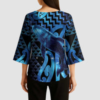 Humpback Whale Matariki New Zealand Kimono Sleeve Blouse NZ Maori Paikea Poutama Luxury Blue LT14 - Polynesian Pride