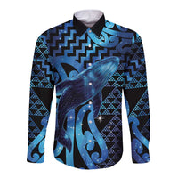 Humpback Whale Matariki New Zealand Long Sleeve Button Shirt NZ Maori Paikea Poutama Luxury Blue LT14 Unisex Blue - Polynesian Pride