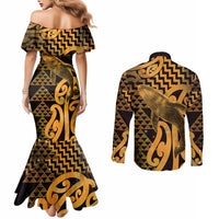 Humpback Whale Matariki New Zealand Couples Matching Mermaid Dress and Long Sleeve Button Shirt NZ Maori Paikea Poutama Luxury Gold LT14 - Polynesian Pride