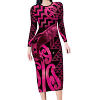 Humpback Whale Matariki New Zealand Family Matching Long Sleeve Bodycon Dress and Hawaiian Shirt NZ Maori Paikea Poutama Luxury Pink LT14 Mom's Dress Pink - Polynesian Pride